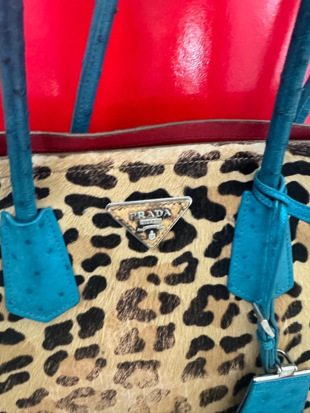 Prada Leopard Haircalf Tote Bag + Wallet Set Teal Red Rare Colorblock Authentic - Picture 11 of 14